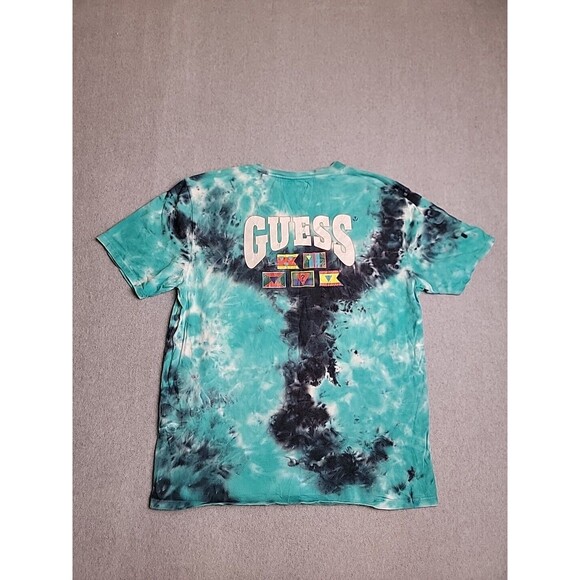 Vintage Guess Shirt Mens M Blue Black Tie Dye Graphic Flag Embroidered 90s - Picture 1 of 15